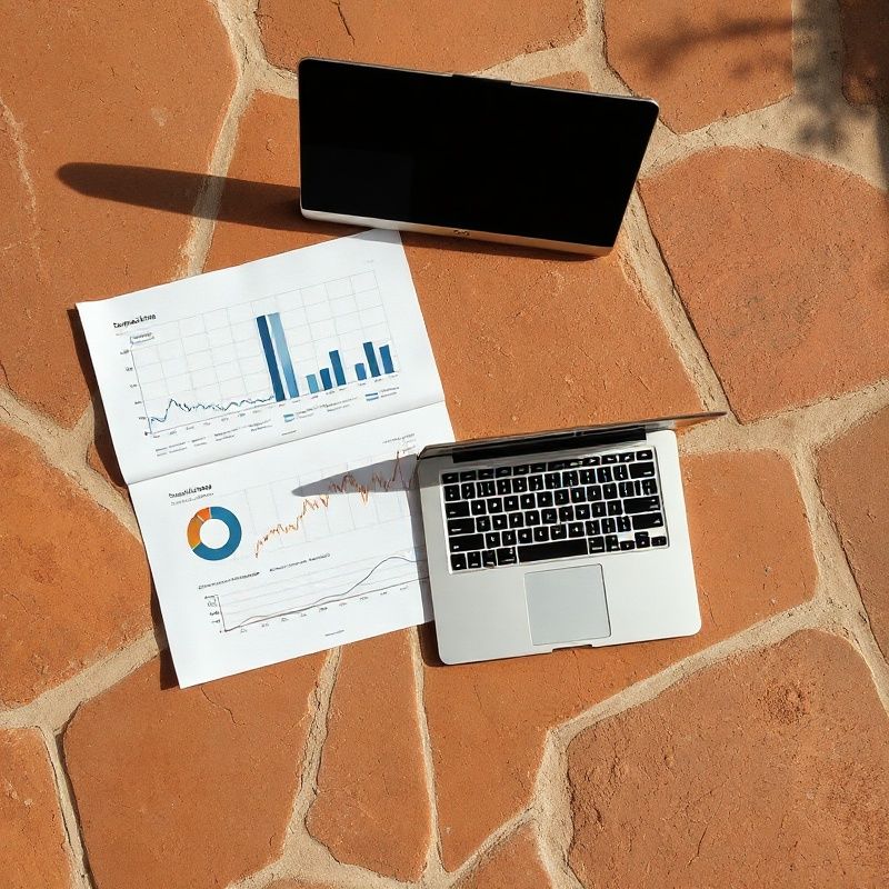 Uredničko-korporativni prikaz financijskih izvještaja i otvorenog laptopa na toploj kamenoj površini